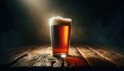 Tall Glass of Amber Beer with Frothy Head on Aged Wooden Table, Moody Bar Atmosphere