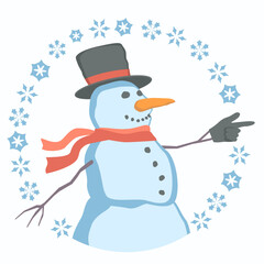 Snowman With Red Scarf And Black Top Hat points with her hand in the direction of something.