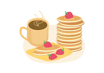 Pancake with berries and hot chocolate, color drawing on a transparent background