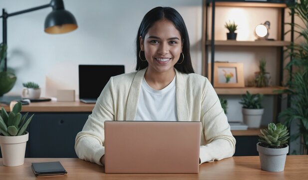 AI generated illustration of a young female working on a laptop computer while seated at a table