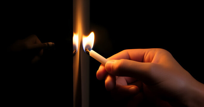hand match fire, holding lighted, black background