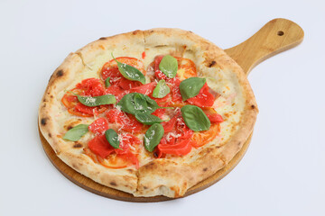 Hot and delicious pizza with white sauce, tomatoes, prosciutto and pickled ginger on a thin dough on white background