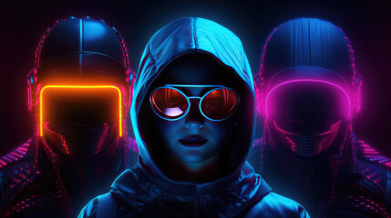 Three futuristic people have their faces covered, one of them is a woman, neon lights in the style of neo-futurism