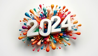 2024 brilliant and colorful paint exploding outward like a celebration, event announcement, New Years eve party conceptual theme