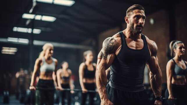 A muscular male athlete with tattoos confidently lifting weights in a gym, with focused women working out in the background.