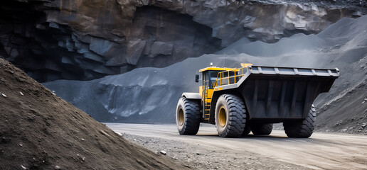 A large quarry dump truck in a coal mine. coal into body work truck. Mining equipment for the transportation of minerals.
 - obrazy, fototapety, plakaty