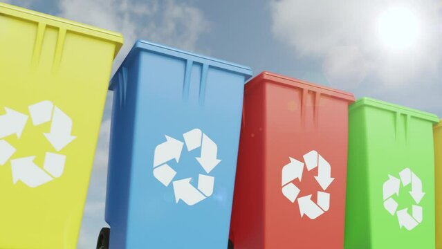 Colorful trash cans for sorting the household waste with recycle symbol. The concept of separation the paper, glass , organic and technologies garbage for recycling and saving environment, loopable.