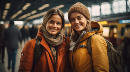 two caucasian women in train station, wearing backpacks and orange jackets, pose for picture; lively, social atmosphere, sense of unity. fictional location