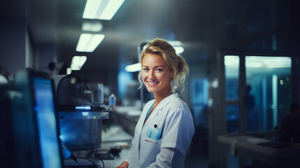 smiling caucasian woman in white lab coat in hospital or science setting, professionalism, dedication to patient care, medical atmosphere