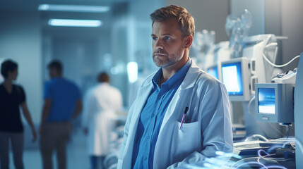 Obraz premium middle-aged male doctor in blue scrubs smiles in hospital room; positive, professional, caring atmosphere