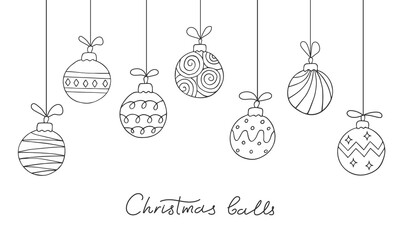 Set of hanging Christmas balls with ornament in doodle style. Line drawn Xmas decoration isolated on white. Festive minimalist outline illustration. New Year background