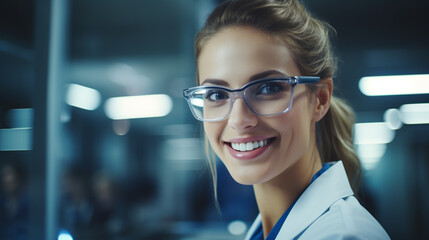 smiling caucasian woman in white lab coat in hospital or science setting, professionalism, dedication to patient care, medical atmosphere