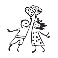 Funny cartoon boy and girl in children's doodle style holding hearts