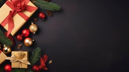 Christmas dark black background with beautiful texture and Golden gift box with red ribbon, fir branches, cones, Christmas tree toys stars with generative ai