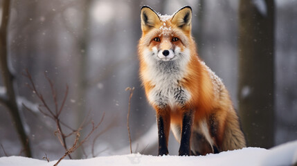 Red Fox - Vulpes vulpes, sitting up at attention, direct eye contact, a little snow. generative ai - obrazy, fototapety, plakaty