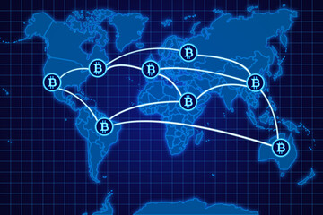 Bitcoin transactions on a blue world map