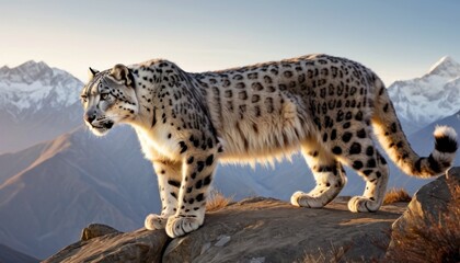  a snow leopard standing on top of a rock in the middle of a mountain range with snow covered mountains in the backgrouds of the background and a blue sky.