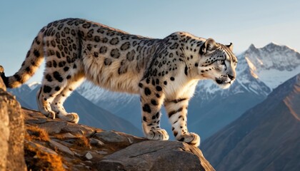  a snow leopard standing on a rock in front of a mountain range with snow capped mountains in the background and a blue sky with a few clouds in the foreground.