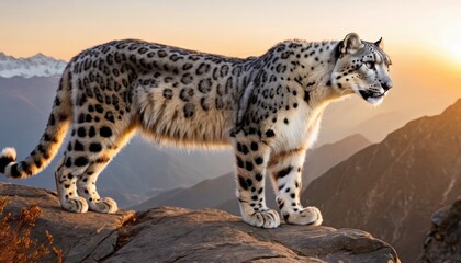  a snow leopard standing on top of a large rock in the middle of a mountain range with the sun setting behind it and a mountain range in the distance in the background.