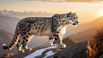  a snow leopard standing on top of a snow covered mountain with the sun setting in the distance behind the snow covered mountain range behind the snow leopard is standing on top.
