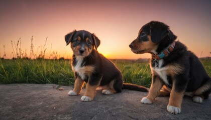  a couple of small dogs sitting next to each other on top of a grass covered field next to a tall grass covered field with tall grass and a sunset in the background.