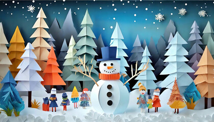 Merry Christmas illustration, Children and Snowman in winter landscape, ai generated