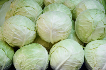 Round cabbage on the market stall, retail, closeup