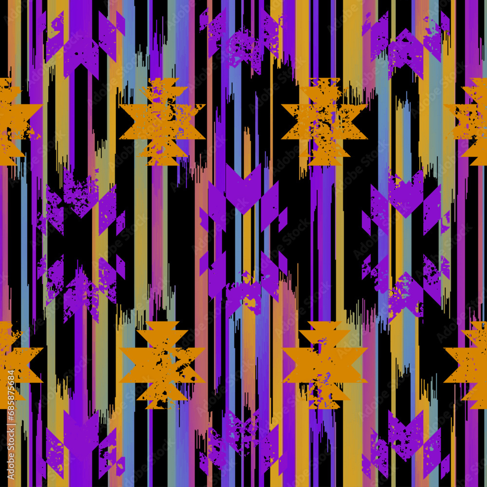 Poster Seamless striped pattern in Ikat style. Folk embroidery.. Aztec ikat style. Seamless vector image. Thin lines