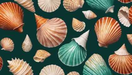  a bunch of seashells that are on a dark green background with white and orange shells on the bottom of the image and bottom half of the shells on the bottom half of the image.