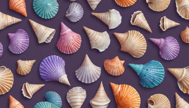  a close up of a bunch of seashells on a purple background with a blue and orange one in the middle of the picture and one in the middle of the picture.