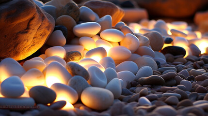 Fototapeta na wymiar Glowing Pebbles: Visualize white pebbles illuminated by soft, ambient light, creating a magical and enchanting atmosphere in an evening setting