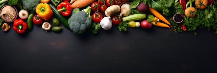 Layout of vegetables on a grey background with space for text and design.