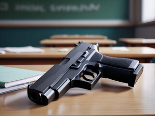 Pistol on school desk in the classroom. School shooting and mass shooting dramatic social issue. Gun control - obrazy, fototapety, plakaty