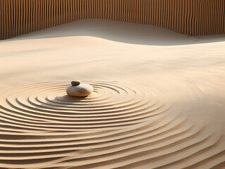 Fototapeta na wymiar A tranquil Zen garden with neatly raked sand and minimalistic stones.