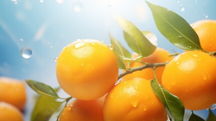  a bunch of oranges sitting on top of a tree with water droplets on the leaves and a blue sky in the background with a few white dots on the top.