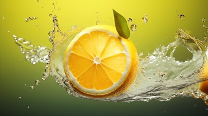  a slice of orange falling into water with a green leaf on the top of the slice and a green leaf on the bottom of the slice of the whole orange.