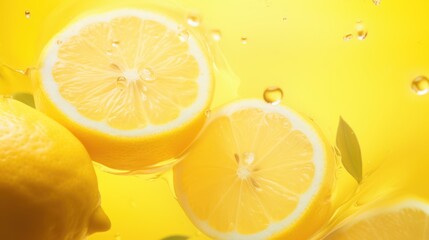  a group of lemons sitting next to each other on a yellow background with drops of water on the top and bottom of the lemons and the top of the lemons.