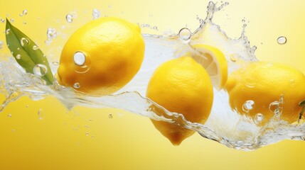  a group of lemons floating in water with a green leaf sticking out of the top of one of the lemons, with a splash of water on a yellow background.