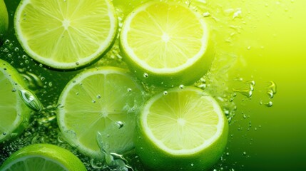  a group of limes sitting on top of a table covered in drops of water on top of a green surface with a green back ground and a green background.