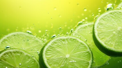  a group of limes sitting on top of a green surface with water droplets on the top of the slices and the bottom half of the whole lime in the middle.