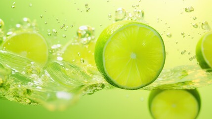  a close up of a slice of lime on a green surface with water splashing on the top of the slice and on the bottom half of the slice of the lime.