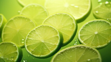  a group of lime slices sitting on top of a pile of water droplets on the surface of a green surface with drops of water on the top of the slices.