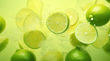  a group of limes sitting next to each other on a green surface with water splashing on the top and bottom half of the lemons on the bottom half.