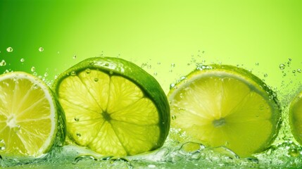  a group of limes cut in half with water splashing around them on a green background with a splash of water on the side of the whole limes.