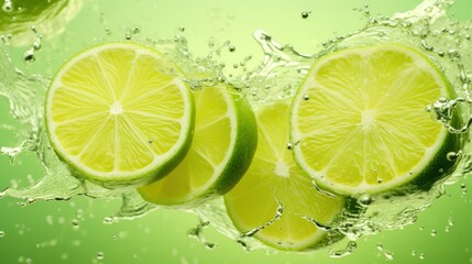  three limes cut in half with water splashing around them on a green background with a splash of water on the top and bottom of the whole limes.