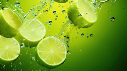  a group of limes with water splashing on them and on the side of the image are lime slices and limes with water droplets on a green background.