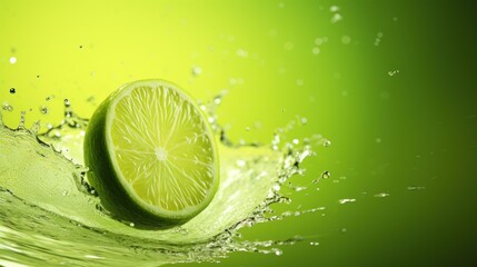  a lime that is in the water with a slice of lime in the middle of the water with bubbles on the side of the fruit and on the top of the water.