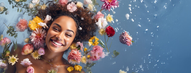 Portrait of a young, smiling woman lying in shallow water with floating flowers. Skin care beauty,...