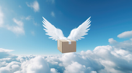 Delivery box  wih white feather wings flying in the bkue sky with white clouds. Concept of air delivery