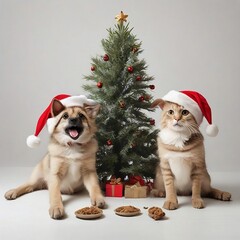 Fototapeta na wymiar christmas dog and cat wearing santa hats trying to destroy christmas tree on a white background. balls in their mouths created with generative ai 